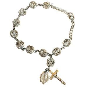 Catholic Rosary Bracelet Sterling Silver Cap Beads w/ Virgin Mary & Cross Charm